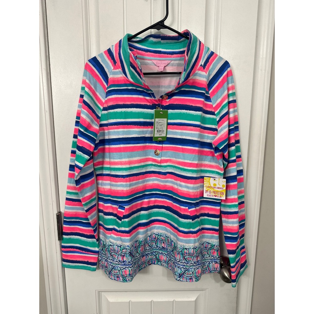 Lilly Pulitzer UPF 50+ Captain Popover Sandy Shell Stripe Engine Sweatshirt L